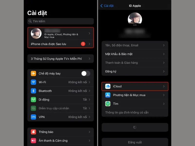 Chọn ID Apple > Chọn iCloud