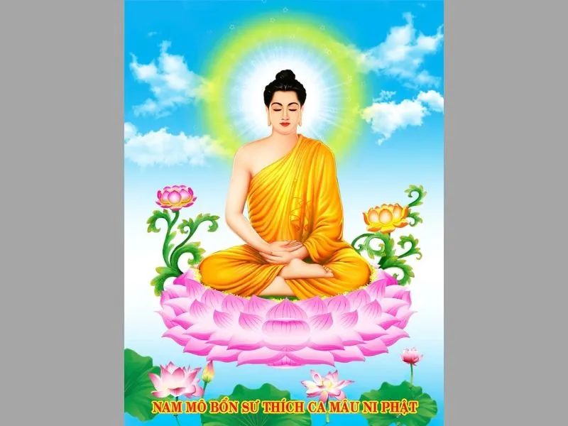 Hình ảnh Đức Phật Thích Ca Mâu Ni ngồi kiết già trên tòa sen
