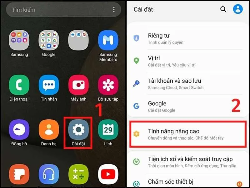 Chọn Tính năng nâng cao trong Cài đặt