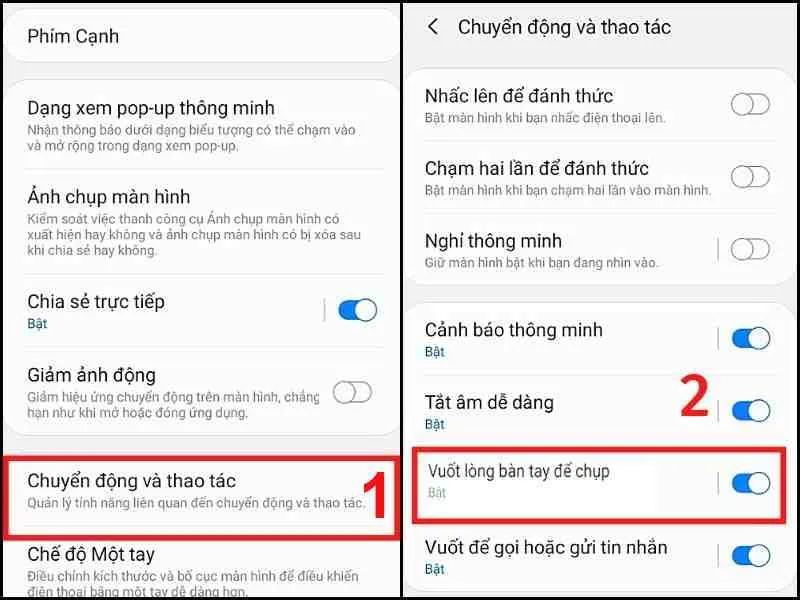 Bật tính năng Vuốt lòng bàn tay để chụp