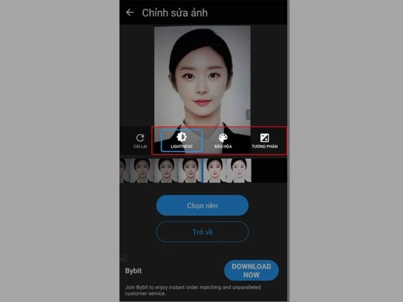 Điều chỉnh các thông tin về ánh sáng cho ảnh thẻ
