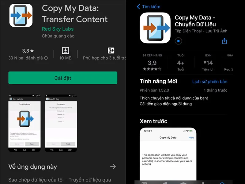 Cài ứng dụng Copy My Data trên cả hai điện thoại Samsung và iPhone