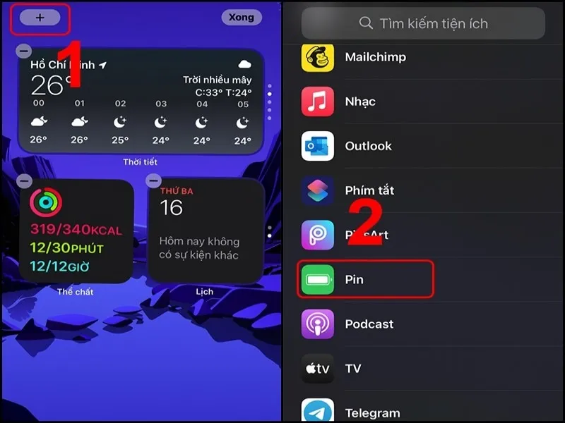 Chọn pin để thêm vào tiện ích