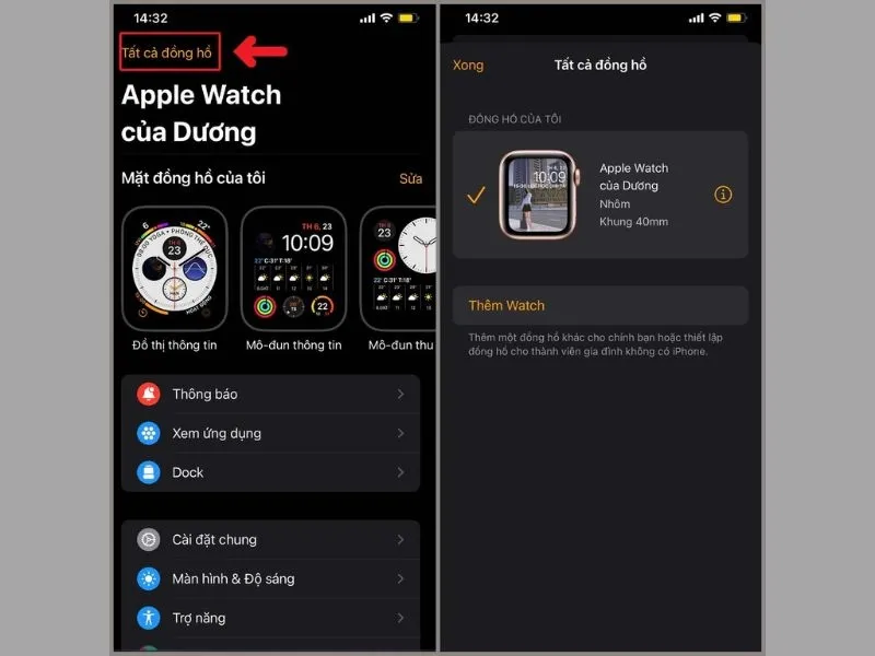 Hiển thị danh sách các Apple watch được kết nối với iPhone của bạn