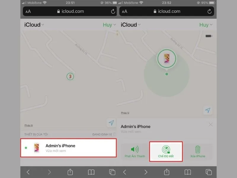 Nhấn chọn chế độ mất để có thể thực hiện cách khóa iPhone từ xa