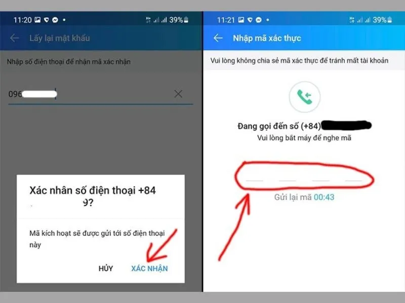 Nhập mã xác thực mà Zalo đã cung cấp cho bạn thông qua cuộc gọi
