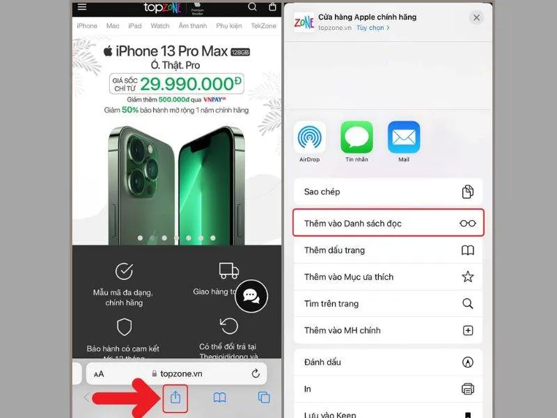 Thêm trang web yêu thích bằng thao tác “Thêm vào danh sách đọc” trên iPhone