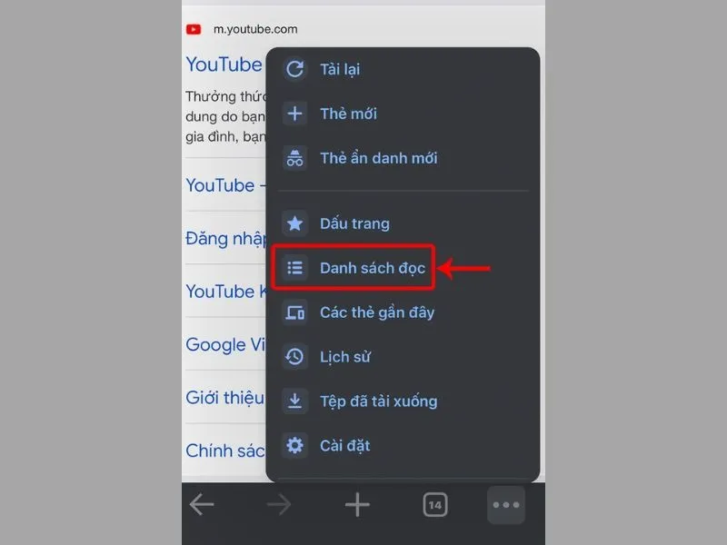 Mở lại danh sách các trang web đã được lưu ở mục Danh sách đọc