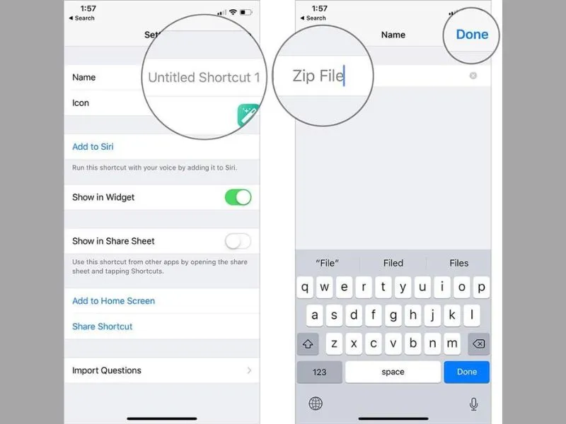 Đặt tên cho phím tắt vừa tạo để thực hiện cách nén file trên điện thoại iPhone
