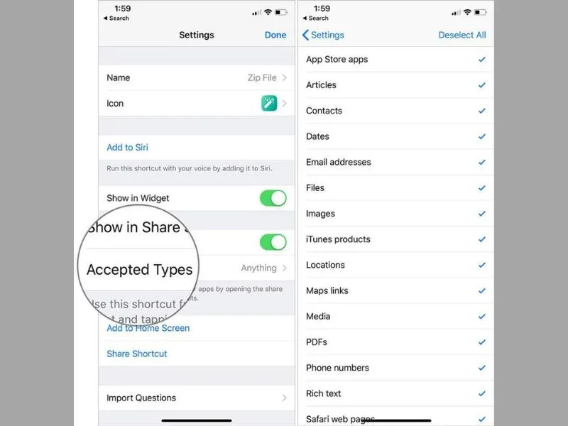 Lựa chọn những file được quyền sử dụng phím tắt này để nén file trên iPhone