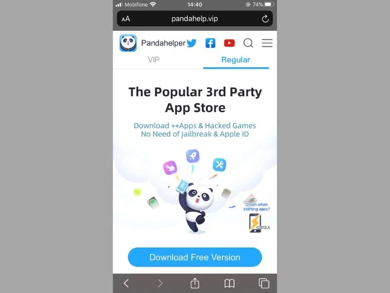 Truy cập vào trang web Panda Helper để tiến hành bước đầu cài cercube cho iPhone
