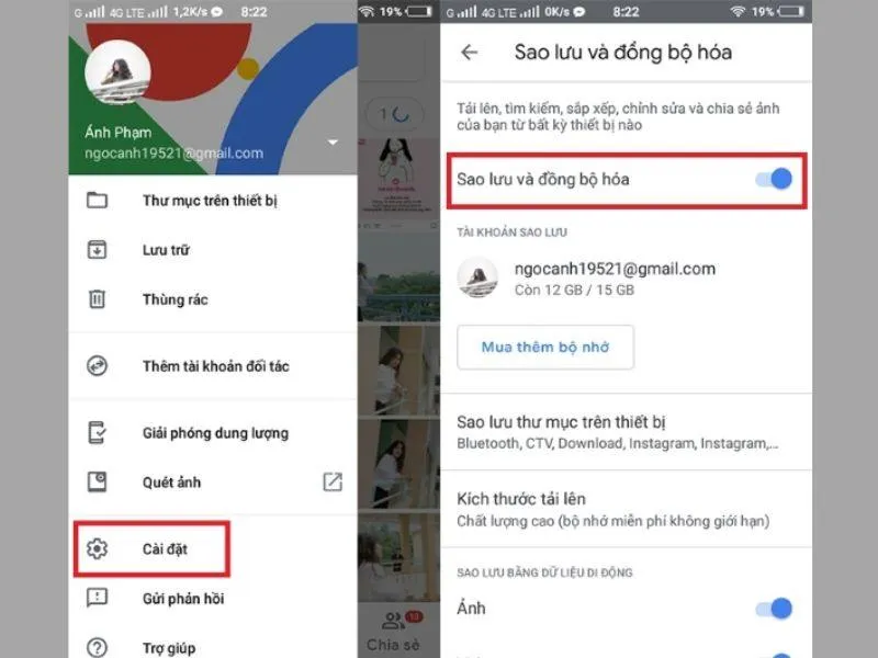 Tìm đến mục sao lưu và đồng bộ hóa trong tài khoản google photo