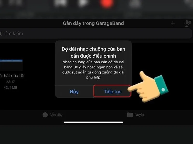 Chọn tiếp tục để tạo nhạc chuông trên iPhone