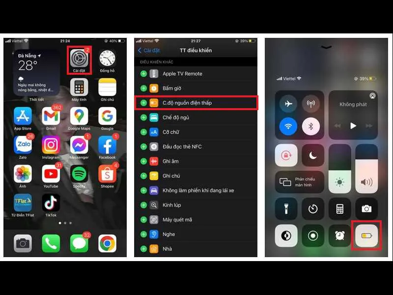 Sử dụng Control Center để bật chế độ nguồn điện thấp của iPhone