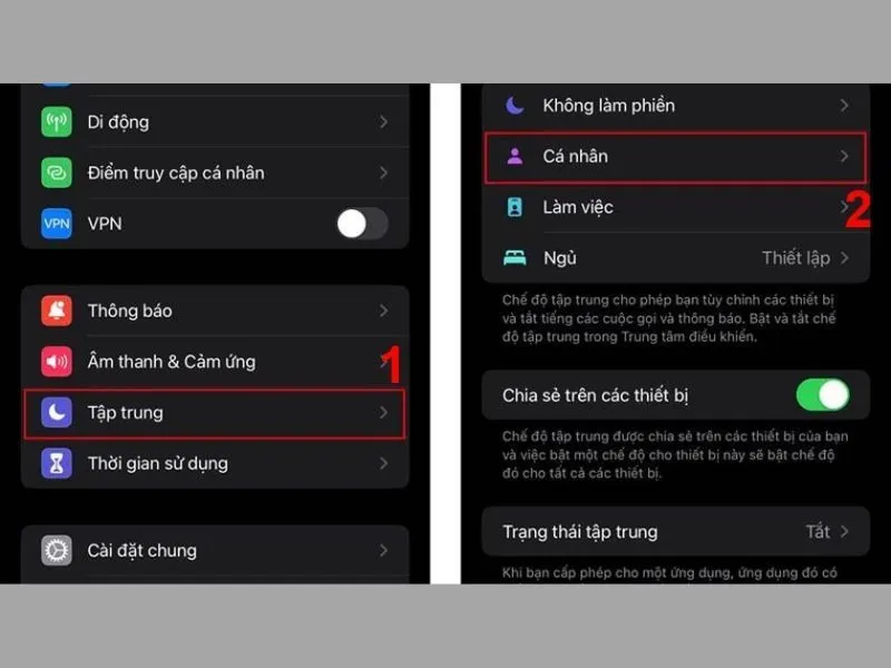 Mở ứng dụng “Cài đặt” ra và chọn vào “Tập trung”, tiếp tục chọn vào “Cá nhân”