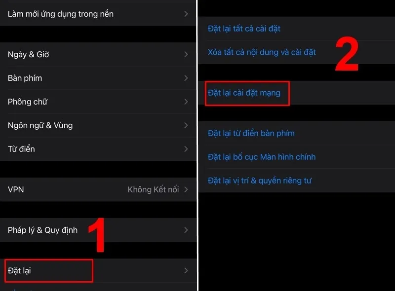 Đặt lại các cài đặt từ nhà mạng