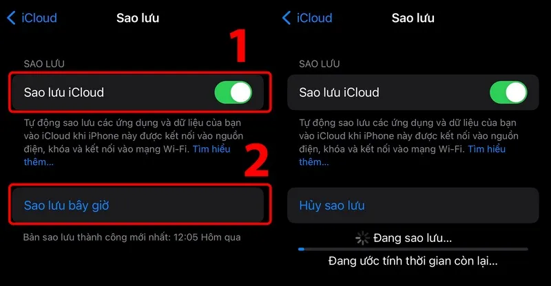 Bắt đầu quá trình đồng bộ, sao lưu tin nhắn lên iCloud để chuyển 