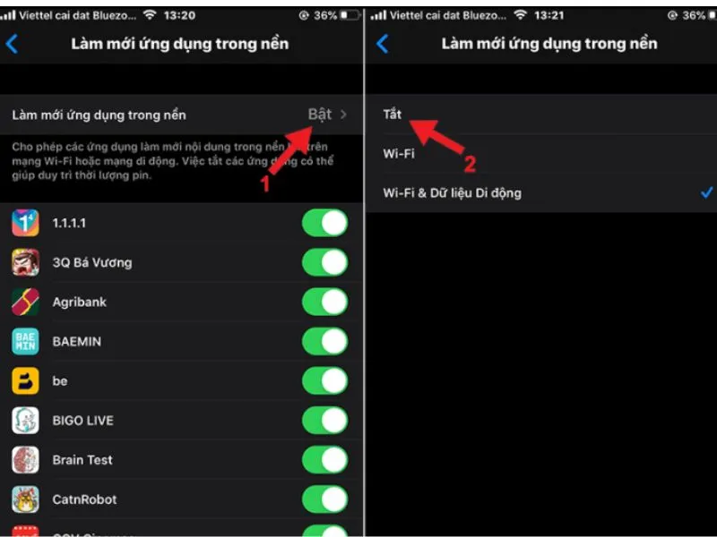 Tắt tính năng làm mới ứng dụng trong nền