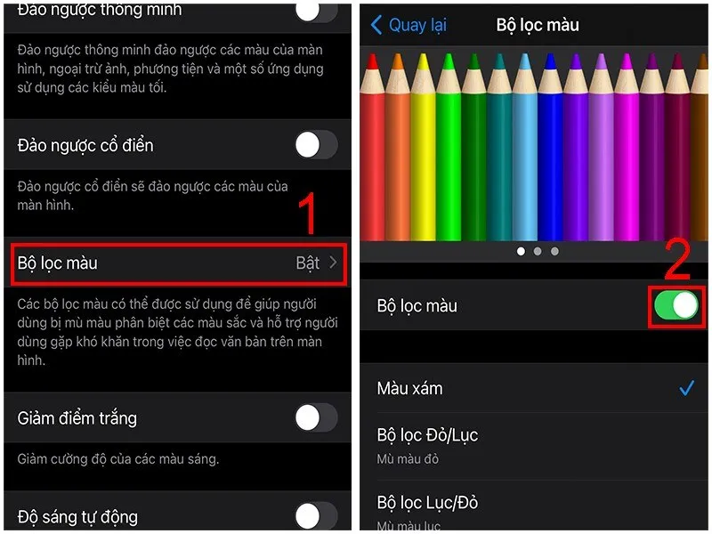 Điều chỉnh trong bộ lọc màu
