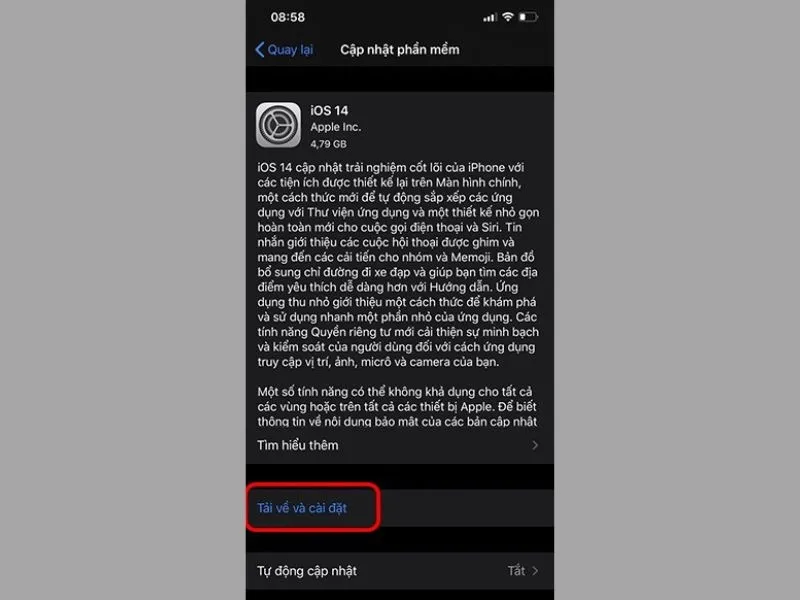 tiến hành tải và cài đặt phiên bản mới iOS
