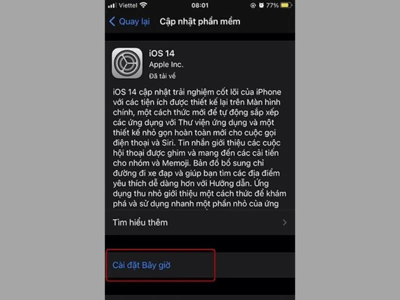 chọn cài đặt ngay bây giờ