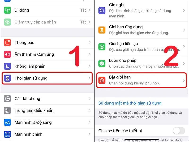 Chọn bật giới hạn trong Cài đặt