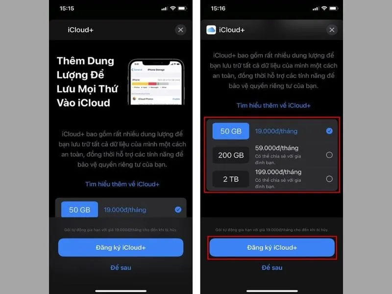 Chọn gói để mua dung lượng iCloud phù hợp với nhu cầu của bản thân
