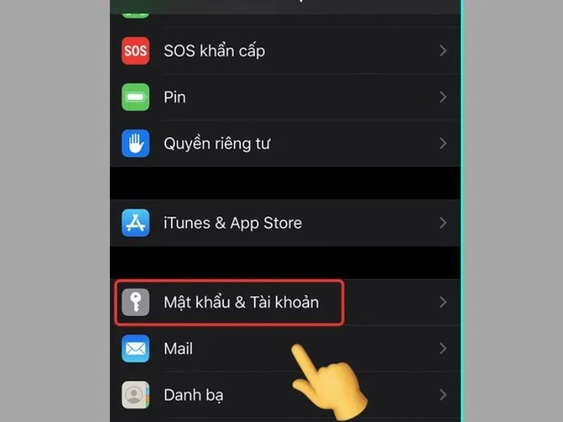 Mở mật khẩu và tài khoản trong giao diện cài đặt ra