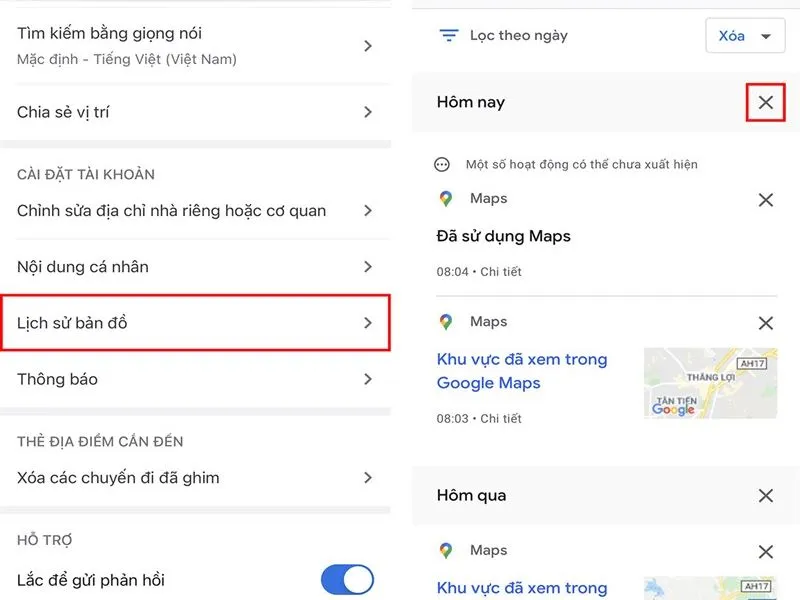 Xóa lịch sử bản đồ theo cách thủ công