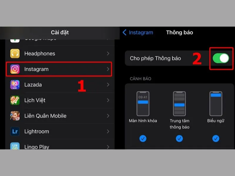 Truy cập cài đặt thông báo 