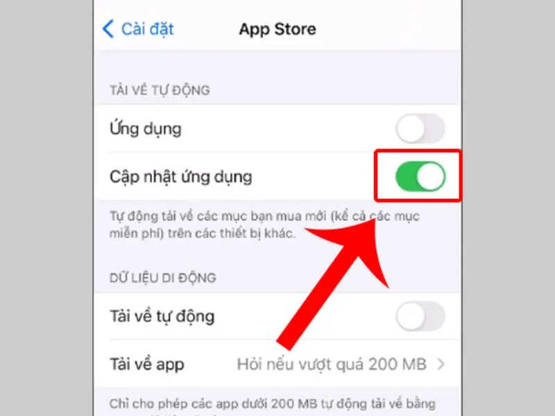 Bật Cho phép cập nhật ứng dụng