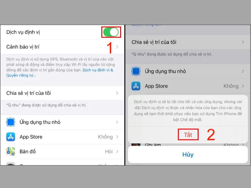 Cách bật định vị trên iphone 7 plus - Gạt cần dịch vụ định vị về trạng thái Off