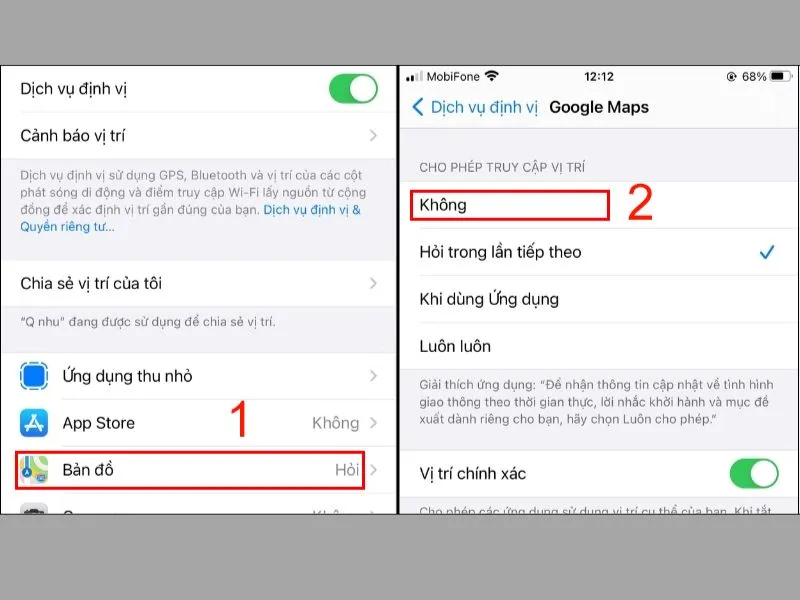 Chọn “Không” để tắt định vị ở một số ứng dụng