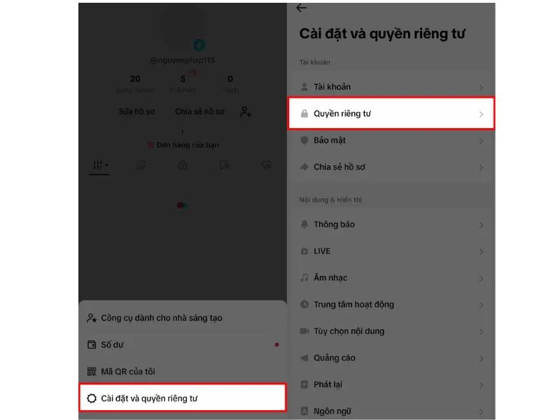 Mục cài đặt và quyền riêng tư