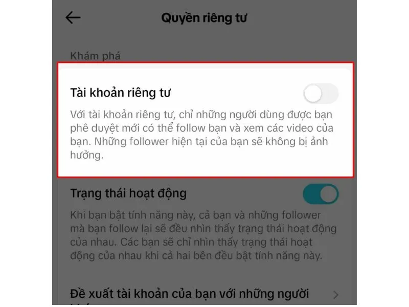 cách bật tài khoản riêng tư trên Tiktok trong cài đặt