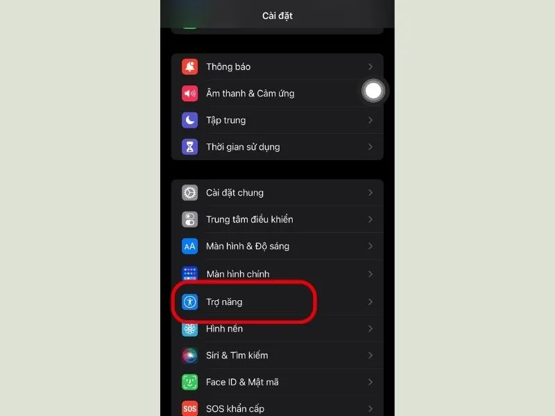 Bấm chọn mục Trợ Năng
