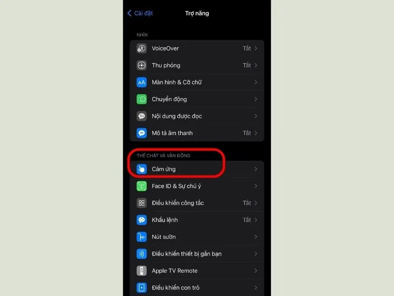 Bấm chọn mục Cảm ứng