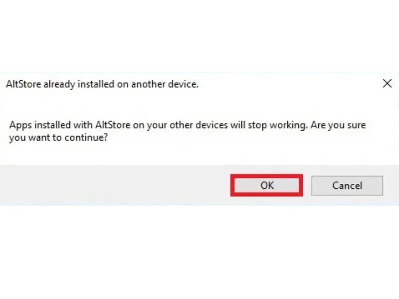 Chọn nút “OK” như hình minh họa để thực hiện Cách cài Altstore cho iPhone