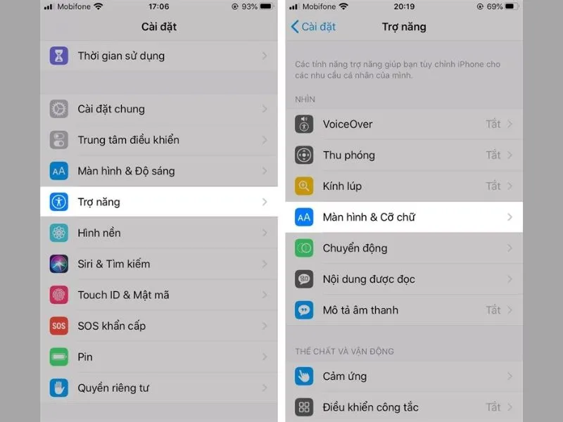 Giao diện của màn hình và cỡ chữ