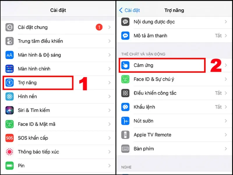 Mở hộp thoại “Trợ Năng” và chọn mục “Cảm ứng”