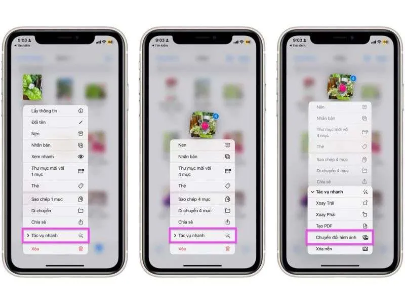 Chọn “Quick Actions/Tác vụ nhanh”- Cách chuyển ảnh HEIC sang JPEG trên iPhone