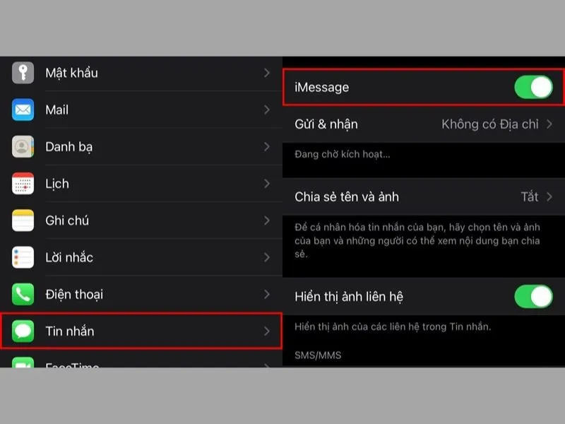 Kích hoạt iMessage trên iPhone là cách chuyển hình từ iPhone sang iPhone