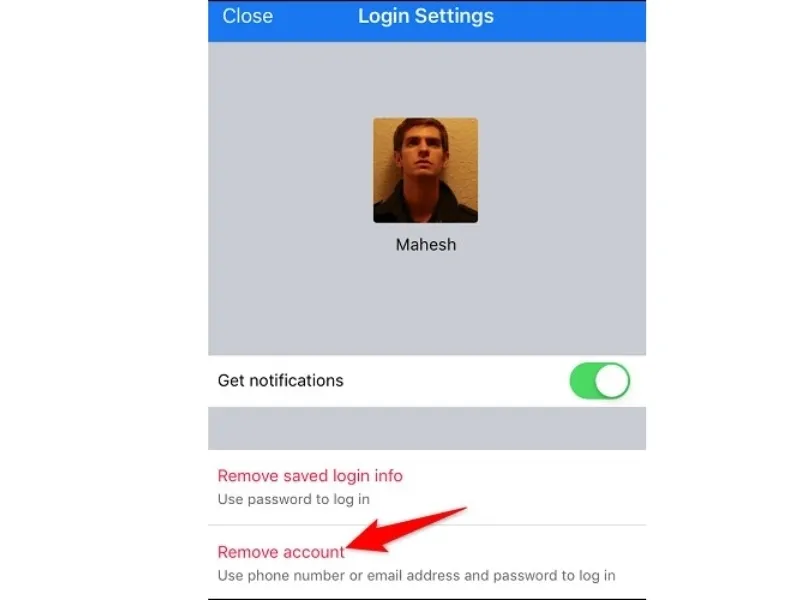 Chọn mục “xóa tài khoản” để thoát tài khoản Facebook trên iPhone