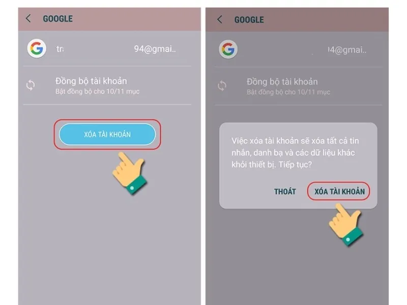 Xác nhận lệnh xóa tài khoản Gmail đã chọn