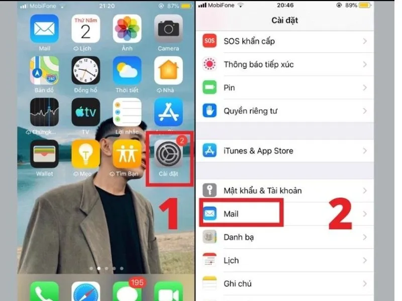 Mục “cài đặt” và “Mail” trên màn hình chính iPhone