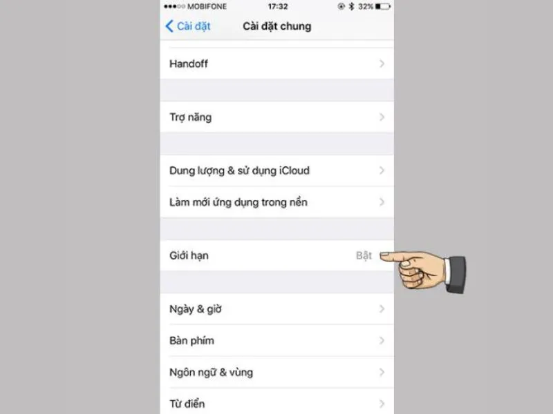bật giới hạn cho iphone