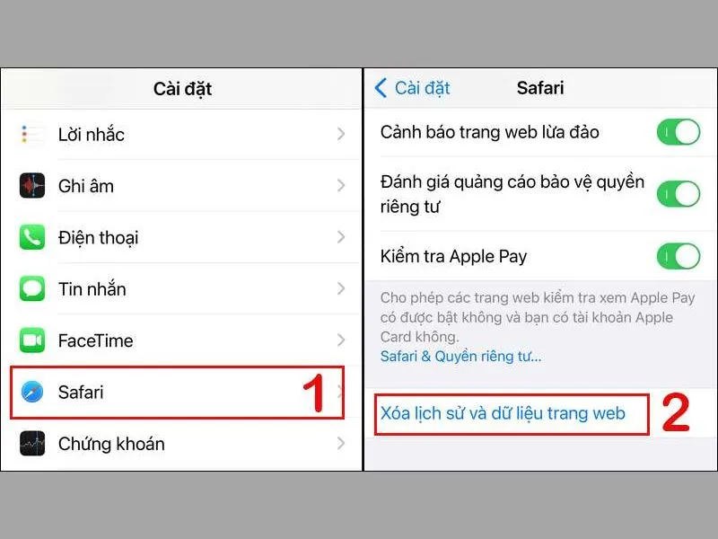 Chọn mục “Xóa lịch sử và dữ liệu trang web”