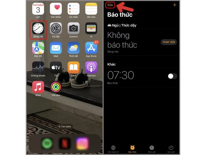 Chọn mục Sửa để bắt đầu đổi chuông báo thức
