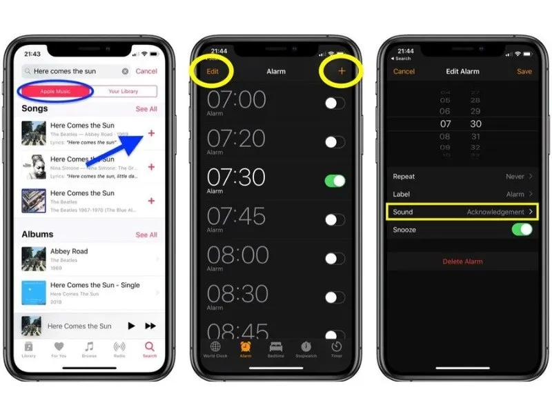 Cách đổi nhạc chuông báo thức iPhone hãy chọn vào biểu tượng dấu cộng