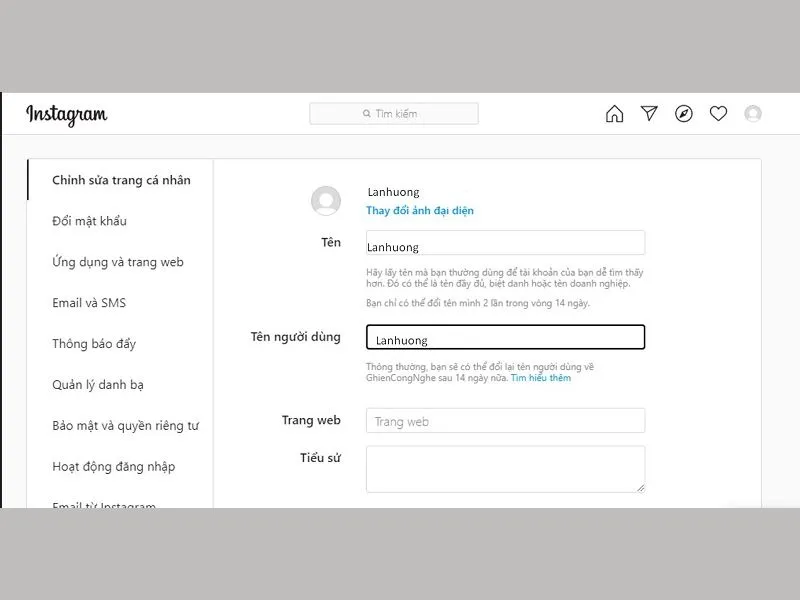 Tiến hành Cách đổi tên người dùng trên Instagram